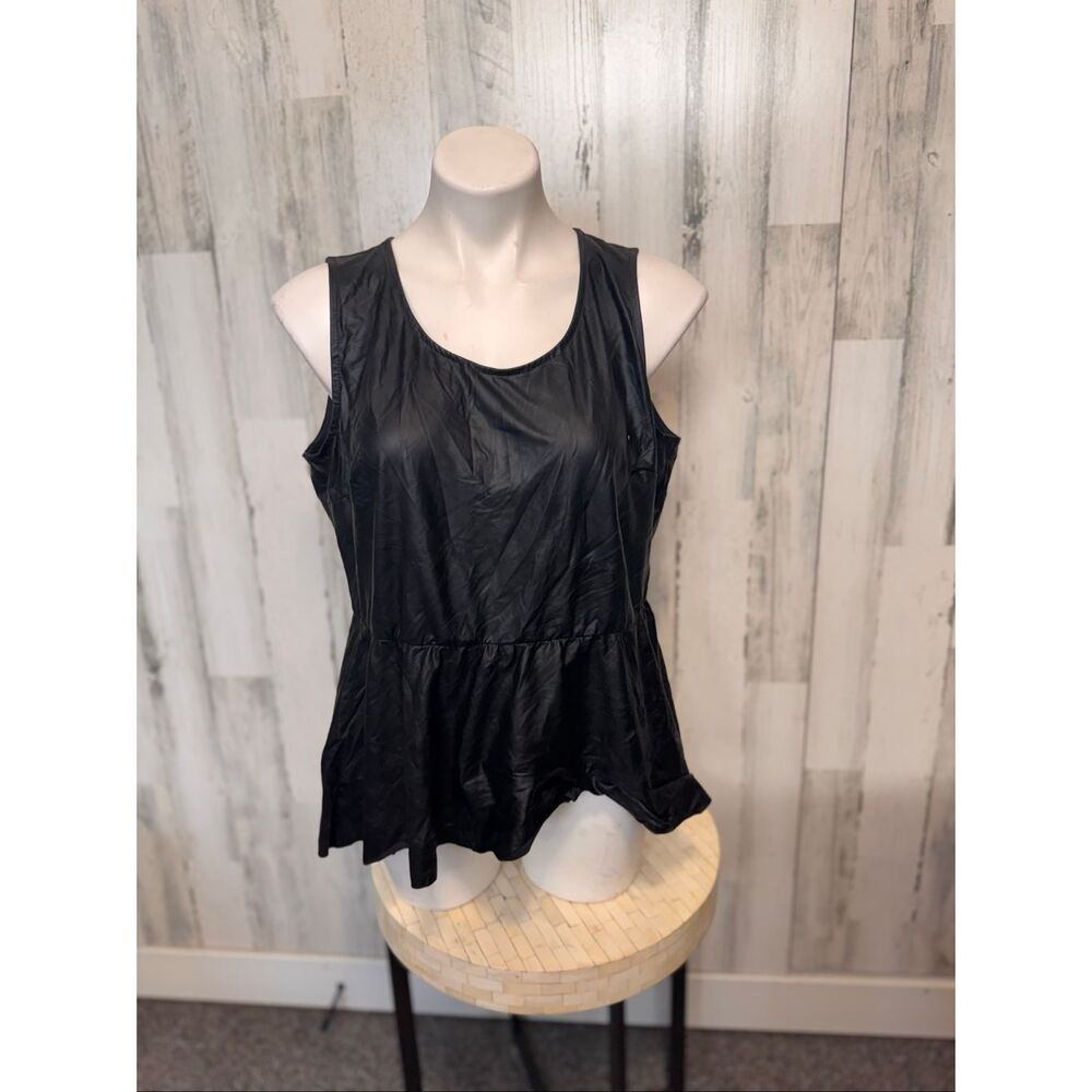 Dots Black Faux Leather Peplum Top 1X Sleeveless Zip Back Flowy Blouse Plus Size